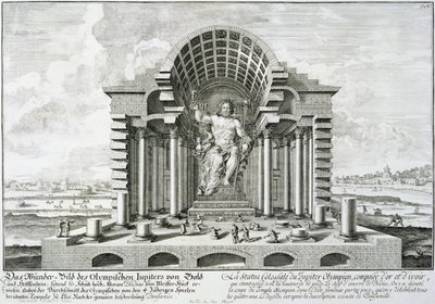 Statue des Olympischen Zeus, hergestellt von Phidias in Gold und Elfenbein, gezeichnet nach der genauen Beschreibung von Pausanias (143-176 n. Chr.), aus 